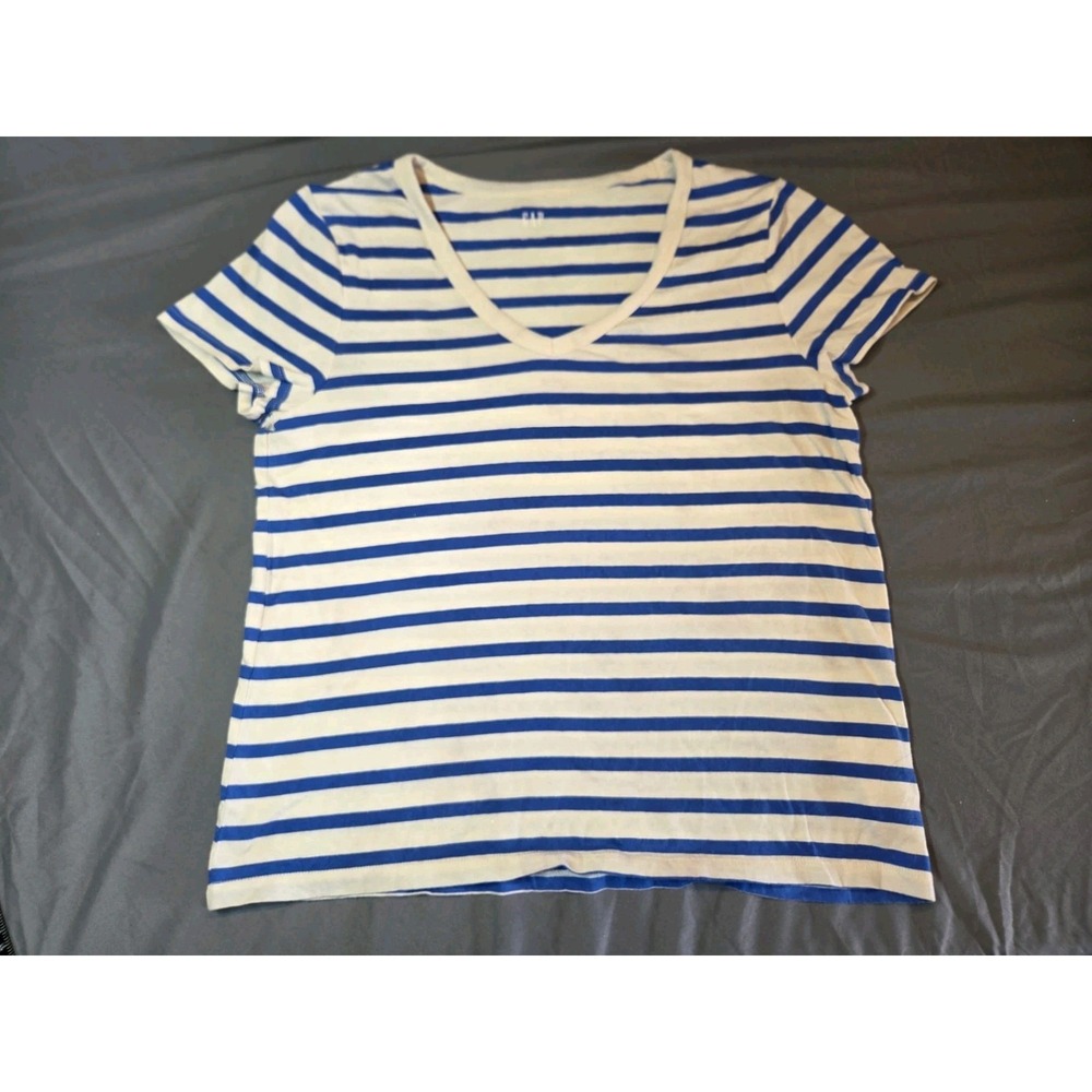 510 GAP Women's M Blue White Striped 100% Cotton Short Sleeve T-Shirt Tee